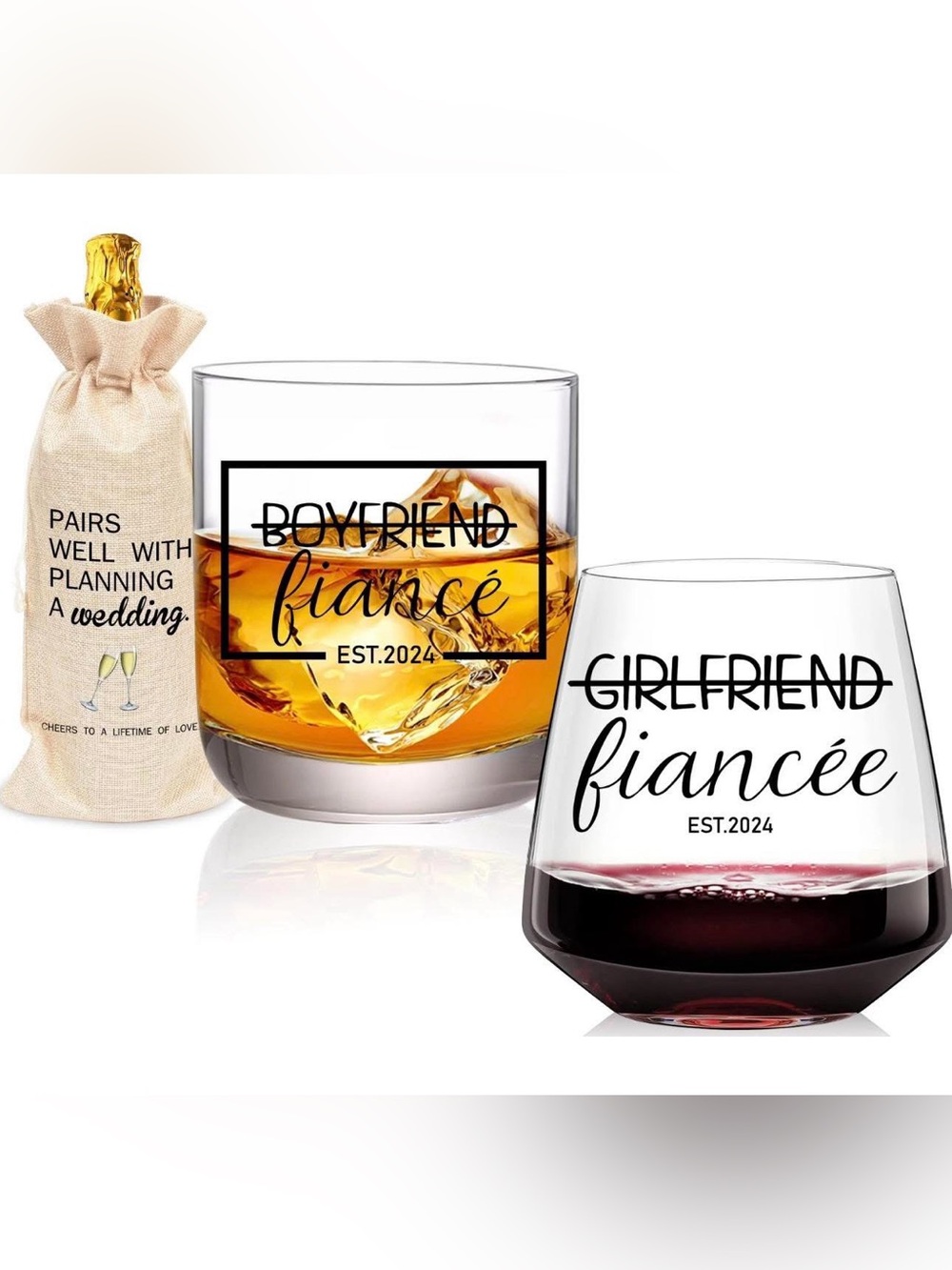Engagement Gifts for Couples glasses and bottle gift bag fiancée new in box